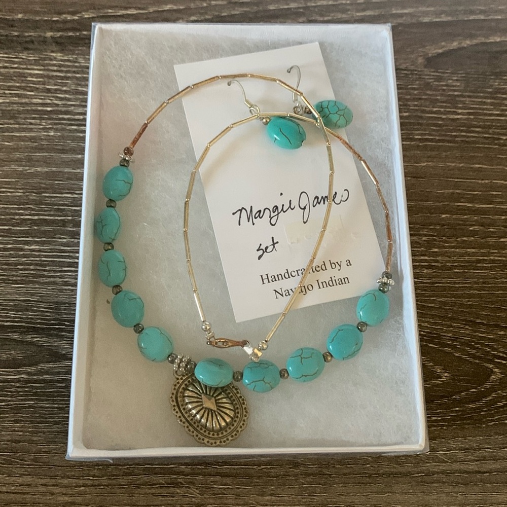 Handcrafted turquoise earrings and necklace set